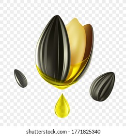 Organic natural sunflower oil with seeds. Healthy bio product. Template isolated on a transparent background. Vector illustration.