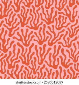 Organic natural surreal floral plant seaweed shapеs seamless repeat vector pattern. Bold squiggles, doodles, fluid, groovy, wavy sprouts modern pink red background. Wrapping paper, fabric template. 