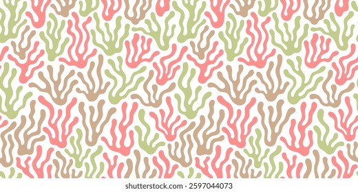 Organic natural surreal floral plant seaweed algae shapеs seamless vector pattern. Natural soft colors. Bold squiggles, doodles, fluid, groovy, wavy sprouts background. Wrapping paper template. 