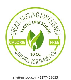 Organic and natural sweetener that tastes like sugar. Suitable for diabetics. Calorie free product for nourishment and diet. Label or logotype, logo or emblem for package. Vector in flat style