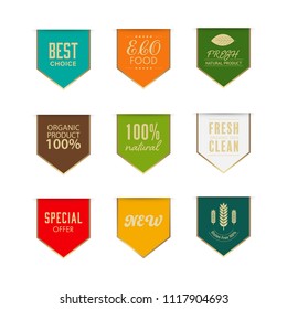 organic natural tag ribbon and badge with gold frame. eco banner vector design.