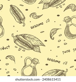 Organic and natural, tasty ingredient for cooking. Pure product, sesame oil in bottle with cork. Plant wihth seeds and leaves. Seamless pattern, wallpaper print or background. Vector in flat style