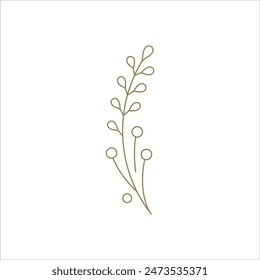 Organic natural tree branch with berries monochrome golden linear decorative element vector illustration. Minimalist contoured hand drawn twig plant with berry for line art elegant simple design