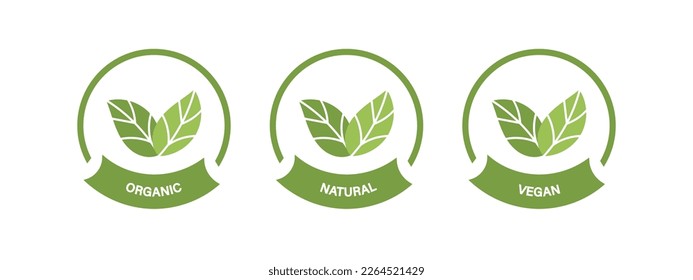 Organic, Natural, Vegan logo or label. Green leaf on white background. Vector illustration