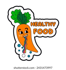 Organic and natural vegetables from farm, isolated carrot character emblem with leaves and rainbow colorful tongue. Healthy food for dieting and nourishment. Label or sticker, vector in flat style