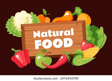 Organic natural vegetables fruit products wooden banner concept. Vector design graphic illustration