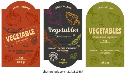 Organic and natural vegetables mix, for soups and salads. Cooking healthy dishes, vegan and vegetarian menu. Labels for product packages, peas and mushrooms, pepper and dill. Vector in flat style