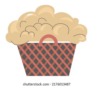 Organic and natural yarn used to make thread, fiber for clothes production. Isolated basket with sheep wool, fluffy and soft texture of material. Cotton and strings for tailoring. Vector in flat