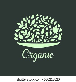 Organic nature hand written lettering, flower leaf branch nature logo, label or badge for groceries, stores, packaging and advertising. Splash with floral badge Logotype design. Vector illustration.