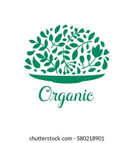 Organic nature hand written lettering, flower leaf branch nature logo, label or badge for groceries, stores, packaging and advertising. Splash with floral badge Logotype design. Vector illustration.