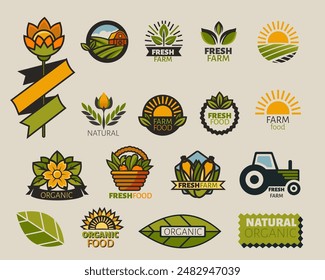 Organic nature label. ECO tag. Food design badge. Farm green agriculture logo. Bio ecology sticker. Fresh products icon. Corn field and sun. Natural leaf. Brand logotype. Vector product emblems set