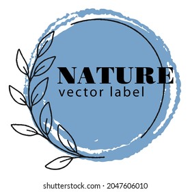 Organic and nature, nature and safe products. Isolated rounded shape with color, inscription and flower branch. Botany and herbs for health. Label or banner, emblem or logotype. Vector in flat style