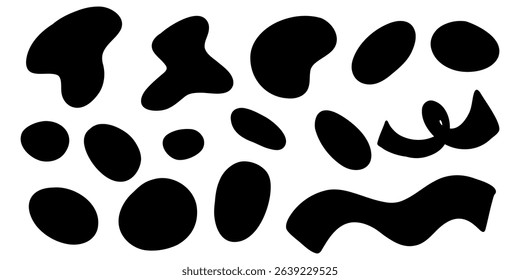 Organic nature spot blob shape, abstract amoeba form, irregular fluid element set. Simple flat abstract splodge graphic design element. Vector illustration isolated on white background.