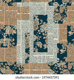 Organic neutral textures, Watercolour collage print goblen rose floral and newspaper textured folk pattern. Organic textile. Japanese natural texture. Indigo batik.