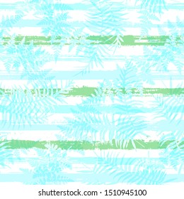 Organic new zealand fern frond and bracken grass over painted stripes seamless pattern design. Madagascar exotic foliage beach fashion fabric print. Tropical leaves silhouettes wallpaper.