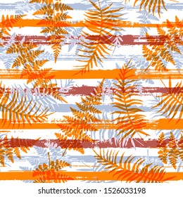 Organic new zealand fern frond and bracken grass over painted stripes seamless pattern design. Indonesian exotic foliage swimwear textile print. Tropical leaves silhouettes wallpaper.