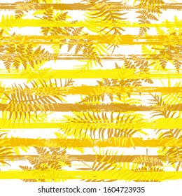 Organic new zealand fern frond and bracken grass over painted stripes seamless pattern design. Caribbean forest foliage clothing fabric print. Tropical leaves and stripes seamless.