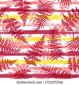 Organic new zealand fern frond and bracken grass overlaying stripes vector seamless pattern. Hawaiian forest foliage clothing fabric print. Tropical leaves silhouettes wallpaper.