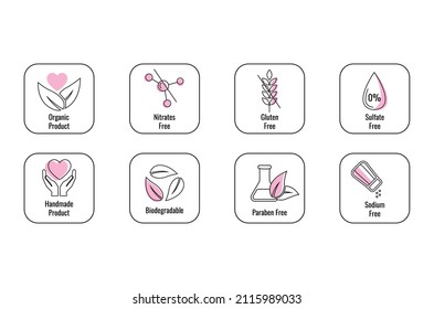 organic, nitrates, gluten, and sulfate free, handmade, biodegradable, paraben and sodium free icon set vector 