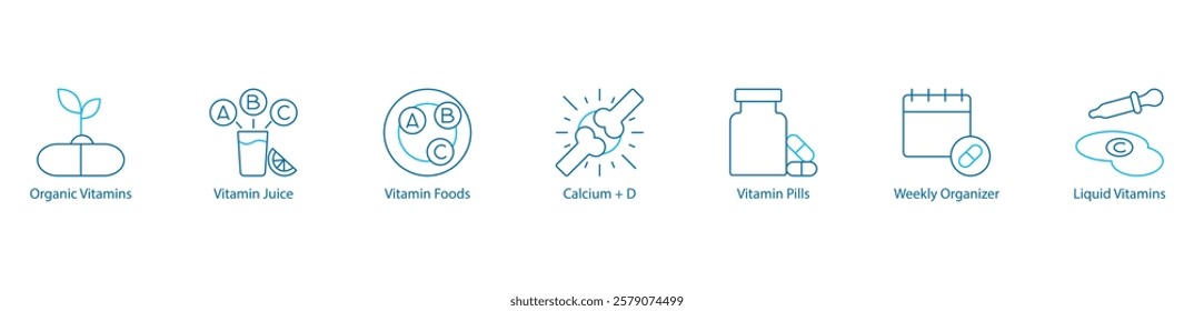 Organic Nutrition and Vitamin Essentials Vector Icon Set – Organic Vitamins, Vitamin Juice, Nutrient Rich Foods, Calcium plus D, Pills, Weekly Organizer, Liquid Supplements