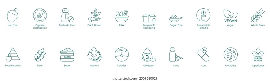 Ícones de qualidade orgânica e nutricional: Nutriente, certificação orgânica, livre de pesticidas, à base de plantas, bruto, embalagem reciclável, sem açúcar, agricultura sustentável, vegan, grãos inteiros, pirâmide alimentar, fibra