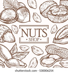 Organic Nuts food shop vector hand drawn template packaging food, menu label, banner poster identity, branding. Stylish design with sketch illustration of nuts sketch