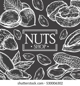 Organic Nuts food shop vector hand drawn template packaging food, menu label, banner poster identity, branding. Stylish design with sketch illustration of nuts sketch
