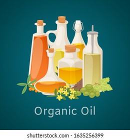 Organic oil from vegetables, berries and fruits glass pitchers, bottles and flowers poster vector illustration. Oils for cosmetics, food and massage vegetation extracts.