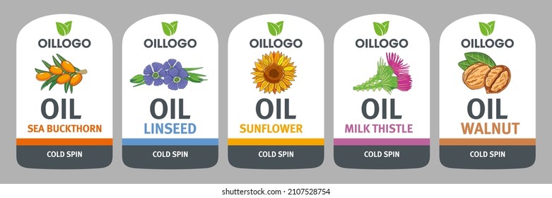 Organic oils labels set. Five different plants 