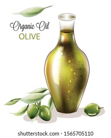 Organic olive oil in abstract shape glass. Composition with green leaves. Watercolor vector