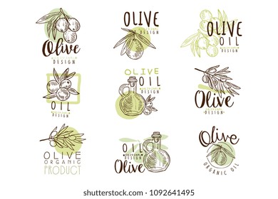 Organic olive product set for label design. Organic, natural and healthy food. Vector Illustrations