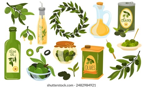 Organic olive products. Mediterranean plant fruits. Pickled and dried berries. Extra virgin oil bottle. Tin or glass jars. Natural healthy food. Vegetarian ingredients. Garish vector set