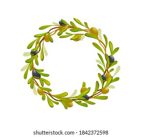 Organic olive products set. Wreath of black and green olives. Healthy organic products cartoon vector