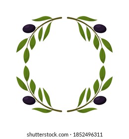 Organic olive products set. Wreath of black olives. Healthy organic products cartoon vector