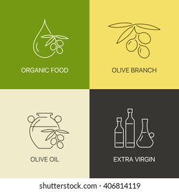 Organic olive thin line logo concept. Exceptional natural oil calligraphic elegant linear emblem. Exclusive outline sign vector illustration. Set of simple icons.