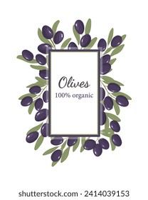 Organic olives label. Purple olives set. Fruit banner. Kalamata olives. Template. 