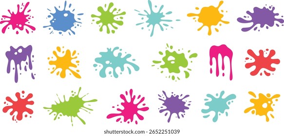 Formas orgânicas de pintura splatter. Bolhas de tinta, estiramento de mão e silhuetas amorfas líquidas macias. Respingo dinâmico colorido com gotículas efeitos visuais conjunto de vetor isolado.