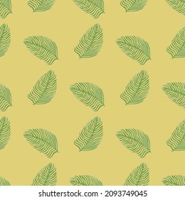 Organic palm leaf seamless pattern with hand drawn foliage print. Simple color background. Vector illustration for seasonal textile prints, fabric, banners, backdrops and wallpapers.