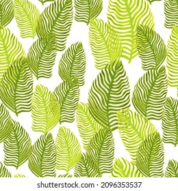 Organic palm leaf seamless pattern with hand drawn foliage print. Simple color background. Vector illustration for seasonal textile prints, fabric, banners, backdrops and wallpapers.