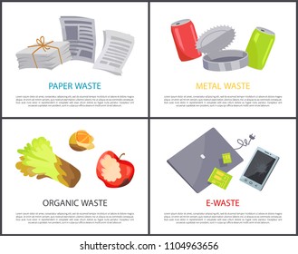Organic paper metal and e-waste set colorful cards, vector illustrations with various refuse, electronic devices and newspapers, jars and food garbage
