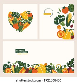 Organic papercut vegetables banner. Colored farm vegetables design templates. Pepper, pumpkin, tomato, corn, fennel, beet. Heart shape. Vector illustration