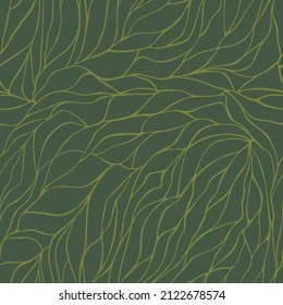 Organic pattern with wavy petals lines on green background. Seamless vector design for textile, fabric and wrapping. Trendy leaf abstract geometric texture
