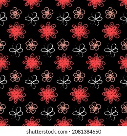 Organic pattern white red flower on black background seamless pattern, textile design and packaging vector illustration