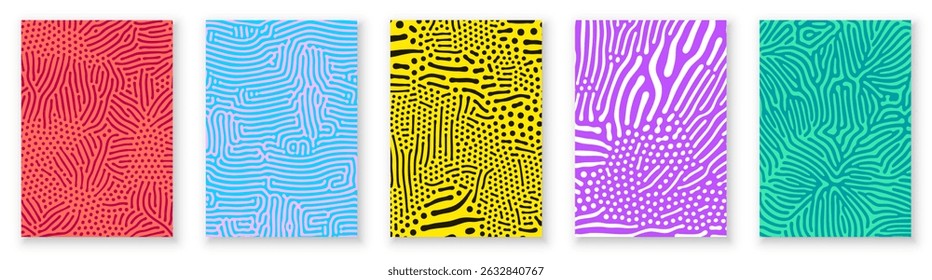 Organic patterns or abstract groovy psychedelic backgrounds. Vector organic patterns of color squiggle lines for abstract modern trendy backgrounds