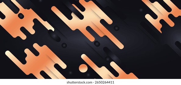 Organic Peach-Beige Gradient Lines and Drip Shapes on Black Background, Abstract Diagonal Flow with Outlined Layers and Circular Accents for Tech, Art, and Editorial Projects