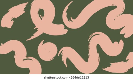 Organic peach-toned brush strokes arranged on a dark green base. Modern, soft-edged abstract visual with creative flair.
