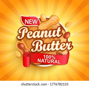 Organic peanut butter label, natural product with nuts on gold sunburst background for your brand, logo, template, label, emblem for groceries, stores, packaging and advertising, marketing. Vector
