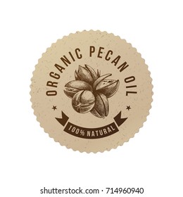 Organic pecan oil emblem with hand drawn nuts in eco friendly style. Vector illustration