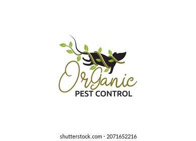 logo orgánico de control de plagas con un ratón envuelto alrededor de una planta.