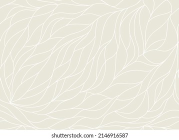 Organic petals pattern with white wavy lines and scrolls leaves on light beige background. Abstract texture in art deco style. plant ornament. Seamless vector design for textile, fabric and wrapping. 